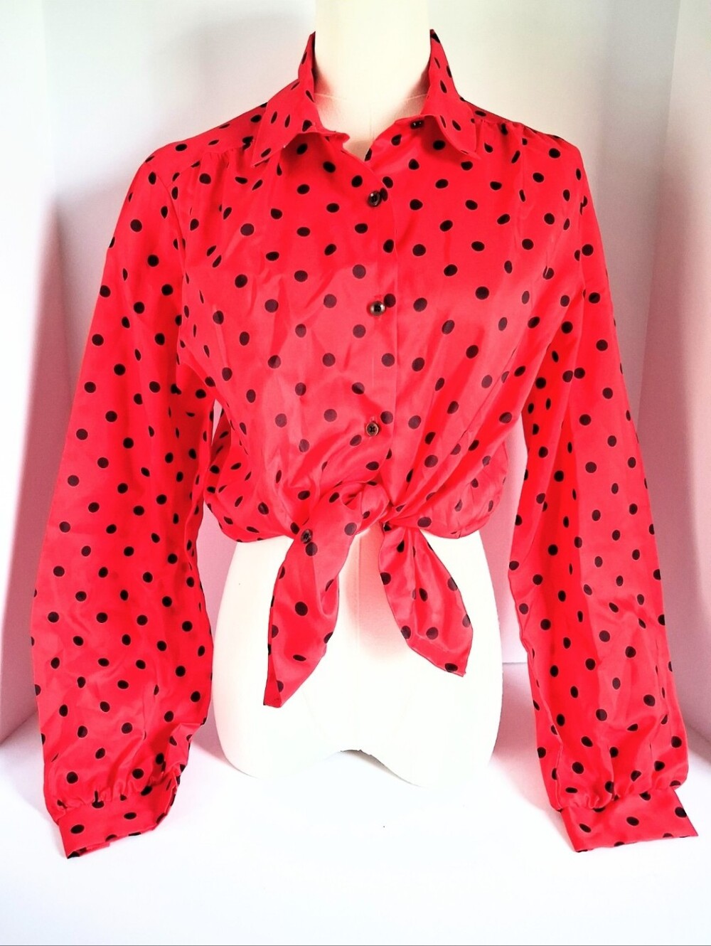 70s 80s Vintage Lucky Winner Red Black Polka Dot Button Secretary Blouse Large
